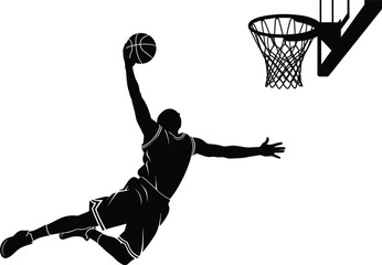 Basketball Player Dunk Silhouette Black Vector Illustration of Athlete Jumping for Slam Dunk Shot with Hoop and Ball Isolated on White Background © ROJUFA