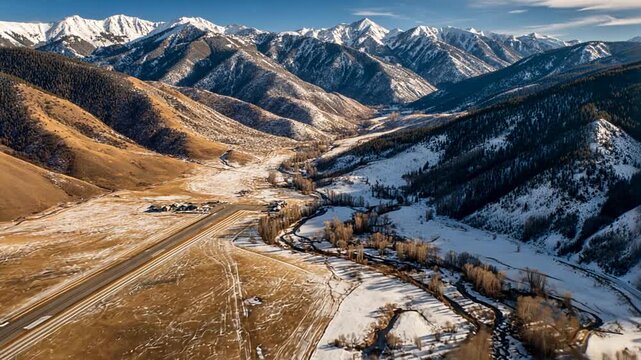 Scenic aerial view of a majestic mountain range with a winding river valley and patches of snow under a clear blue sky