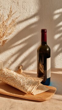 Traditional Matzah crackers and wine bottle on a wooden board for festive holiday meal preparation, culinary marketing assets with rustic shadows and copy space