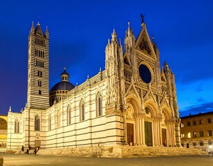 Obraz premium Ornate, striped cathedral stands brightly against a deep blue evening sky
