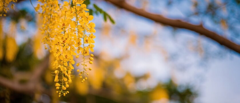 Golden shower flowers hanging on a tree branch in a natural forest setting, Cassia fistula blooming with copy space for seasonal branding and commercial nature background