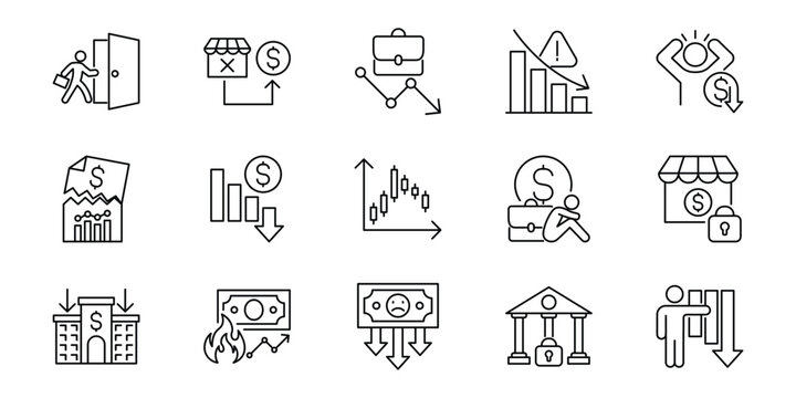 Comprehensive icon set illustrating financial crisis, economic recession, business failure, and bankruptcy challenges with symbols of debt, loss, and market downturns