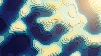 Abstract topographical 3D papercut art background with blue and yellow organic wavy layers