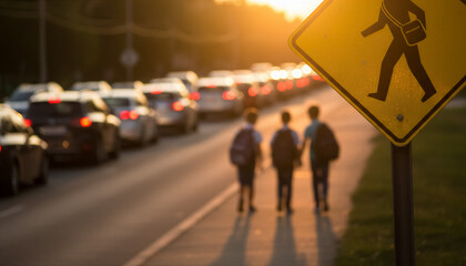 Obraz premium School children walking home at sunset with pedestrian crossing sign and traffic