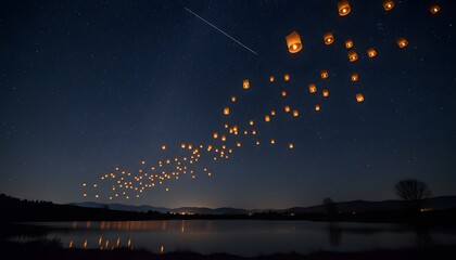 Lanterns floating above a serene lake at dusk with a shooting star in the sky image (116).jpg