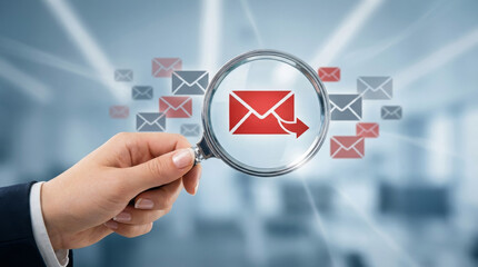Hand holding magnifying glass over red envelope for email search and digital communication management