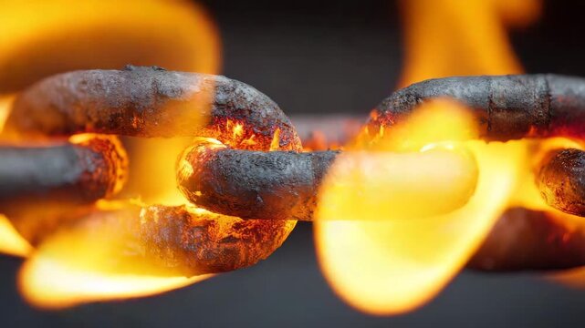 Metal chain link glowing hot with fire heat