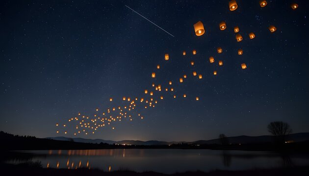 Lanterns floating above a serene lake at dusk with a shooting star in the sky image (116).jpg