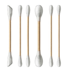 Set of double ended cotton swabs with wooden sticks and various shapes isolated on transparent background