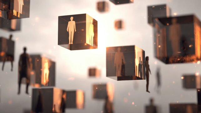 Individuals stand within softly glowing transparent cubes, representing comfort, safety, and the quiet fear of change beyond familiar boundaries.