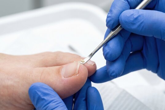 Podiatrist cleaning debris from under toenail with curette tool