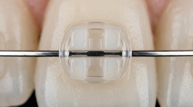 Ceramic dental bracket on tooth with metal archwire
