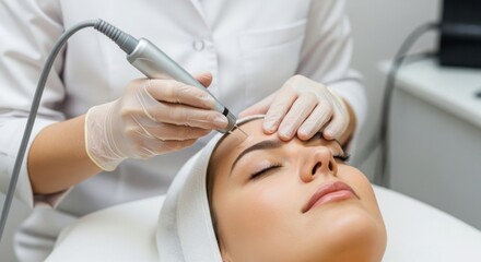Naklejka premium A woman receiving a facial treatment from a skilled technician in a clean and professional spa environment.