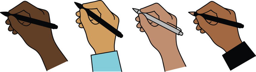 Diverse hands holding pen and pencil writing together, multicultural illustration of creativity education communication and signature concept © Mdmostakim
