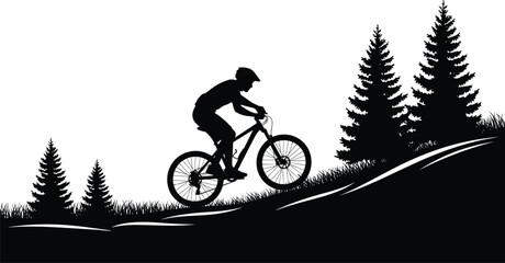 Mountain biker silhouette riding uphill trail in nature landscape with pine trees, outdoor adventure cycling concept, extreme sport activity isolated illustration design © Dulal Creatives