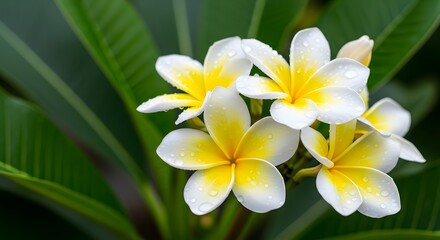 Fototapeta premium White and Yellow Plumeria Flowers Macro with Water Droplets