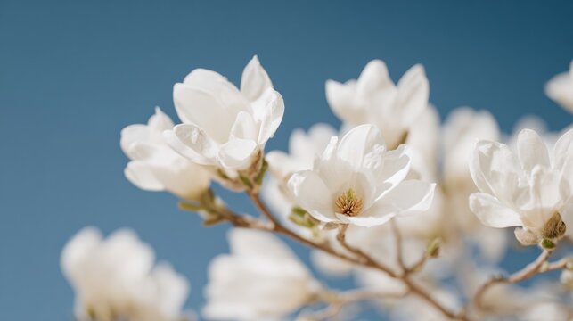 White Magnolia Flowers Blooming on Tree Branch Against Blue Sky in Spring Garden, Beautiful Floral Nature Background for Seasonal Greeting Card or Poster