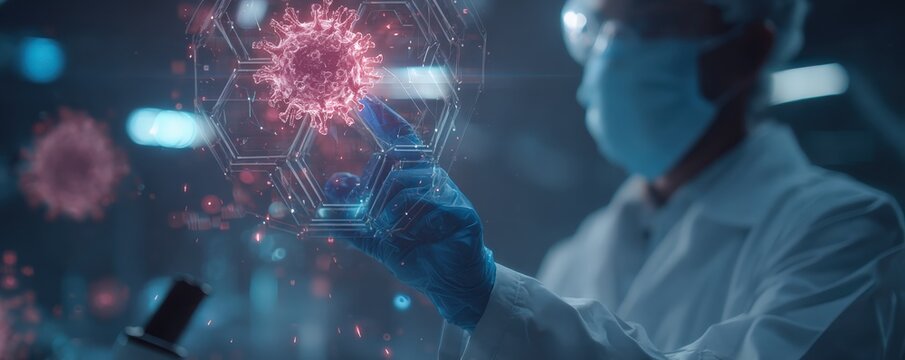 Scientist in protective gear examines digital virus model, symbolizing advanced research and analysis in virology and infectious diseases.