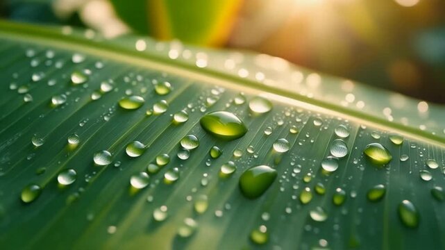 Detailed macro shot of fresh tropical banana leaves covered with morning dew and warm sunlight reflection. Natural luxury botanical footage in 4K.