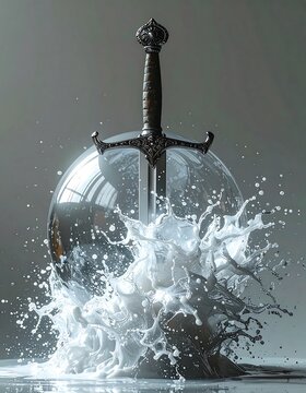Ornate sword impales a clear glass sphere, creating a dynamic splash of white liquid on a reflective surface