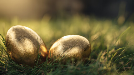 Obraz premium Golden Easter Eggs on Grass in Soft Sunlight