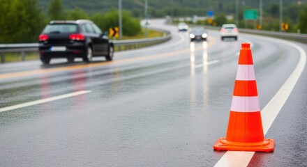 An orange traffic cone stands on a wet highway with cars driving by on a rainy day