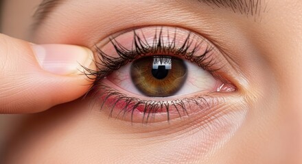 Obraz premium A close-up of a human eye with a finger gently touching the eyelashes