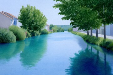 a canals with colorful wooden houses and trees lining their banks