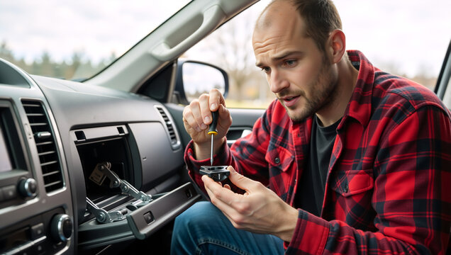 Man repairing a car glove box with a screwdriver. DIY automotive maintenance inside a vehicle. Male technician fixing broken interior part