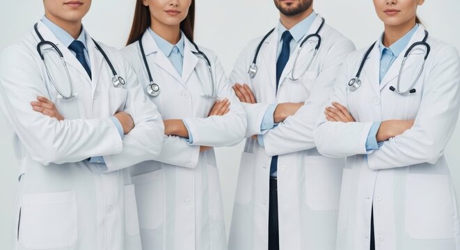 Four confident medical professionals standing together in white lab coats with stethoscopes around their necks