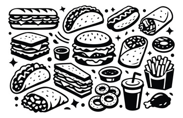 Hand drawn line art fast food icons set featuring burgers, tacos, hot dogs, and fries for restaurant menu design