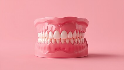Obraz premium A detailed model of human teeth displayed against a soft pink background, highlighting dental health and aesthetics