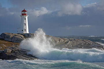 Iconic white lighthouse standing tall on rugged coastal rocks, battered by large, dramatic waves crashing ashore.