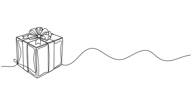 A simple line drawing of a gift box with a ribbon on a plain white background.