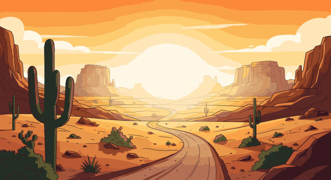 A serene desert landscape at sunset with a winding dirt path and cacti.