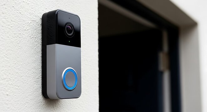 Smart doorbell with camera and blue ring button on white wall black and gray device