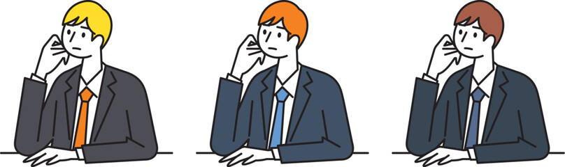 頬杖をつき思慮にふけるスーツを着た男性