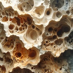 Organic cellular structures with pitted surface, beige, brown, and white tones create a porous abstract natural fractal design