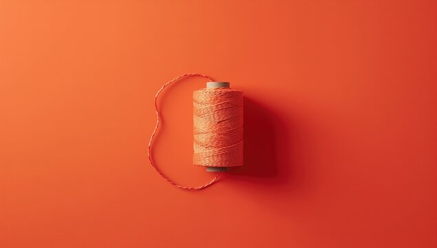 A vibrant spool of orange thread on an orange surface, casting a soft shadow, showcasing textile craftsmanship and creativity