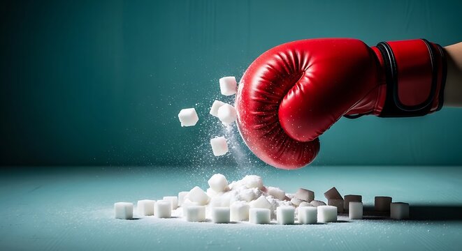 Red boxing glove crushing sugar cubes on teal background crushed sugar white sugar cubes