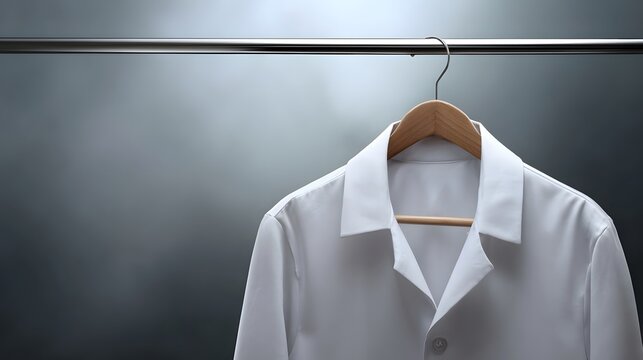 A crisp white lab coat ready for use hangs on a wooden hanger against a softly blurred misty grey background
