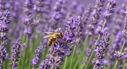 Fototapeta premium Honeybee collecting pollen on vibrant purple lavender flowers in field.