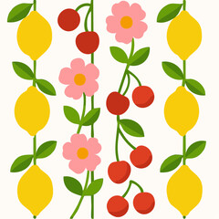 Obraz premium pure patterned joy; a bright, vertical garden of lemons, cherries, and pink blossoms arranged in four clean columns