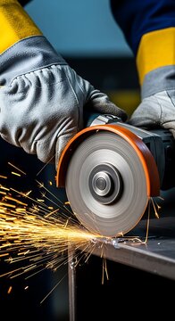 Person wearing gloves using angle grinder on metal rod sparks flying cutting
