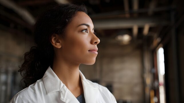A thoughtful woman in a white lab coat looks off to the side in a dimly lit industrial setting