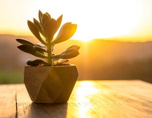 Succulent plant in a geometric pot sits atop wood, bathed in the golden light of sunset