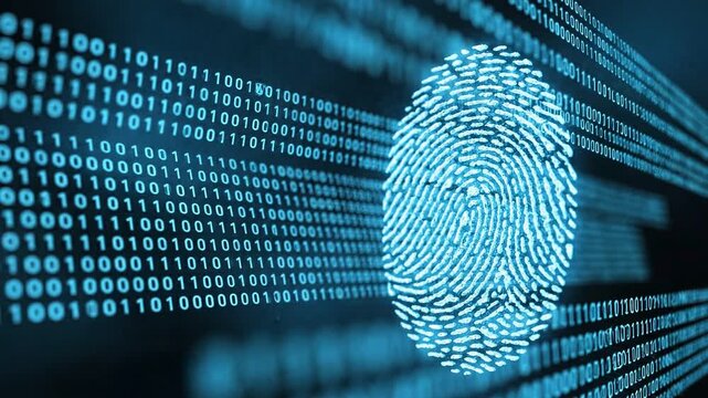A glowing fingerprint is prominently displayed against a background of cascading binary code symbolizing digital identity and data security high quality professional detailed modern elegant stylish
