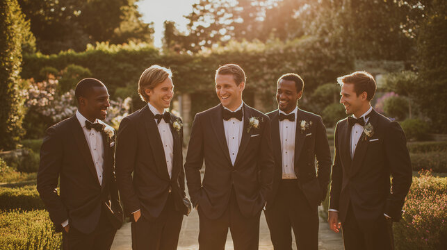 upscale outdoor garden wedding portrait of groom and groomsmen in black tuxedos, handsome groom with groomsmen laughing at sunset garden wedding party