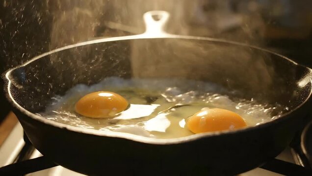 Fresh organic eggs sizzling and boiling inside a dark skillet creating steam in a bright kitchen setting