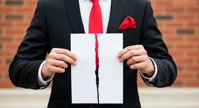 Man in black suit holding torn white paper with red tie and pocket square white shirt